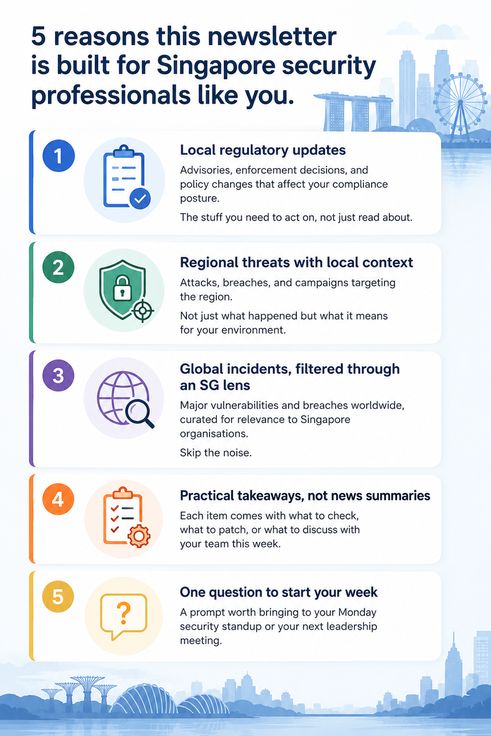 What you get every week: local regulatory updates, regional threats, global incidents, practical takeaways, and a weekly question