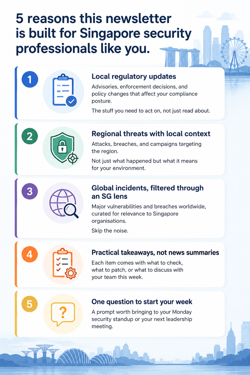 5 things you get every week: local regulatory updates, regional threats, global incidents, practical takeaways, and a weekly question